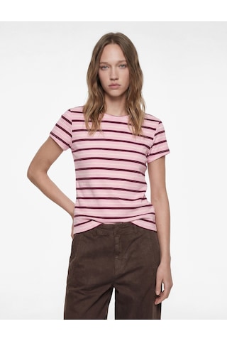 Koton Çizgili Pamuklu Bisiklet Yaka Kısa Kollu Slim Fit Tişört Pembe Çizgili 6sal10537ık