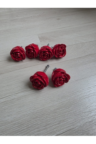 Dafniart 6 Lı Kırmızı Gül Şeklinde Çekmece Dolap Kulp 4-5 Cm