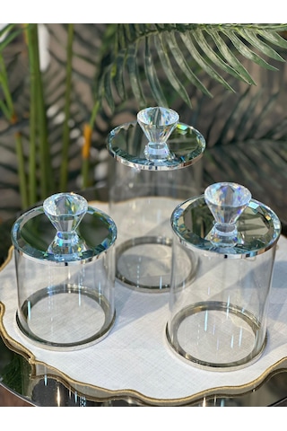 Gümüş Detaylı Kristal Kapaklı Cam Kavanoz Seti 3 Lü Lüks Çok Amaçlı Kavanoz Gümüş Detaylı Kristal Kapaklı Cam Kavanoz Seti 3 Lü Lüks Çok Amaçlı Kavanoz