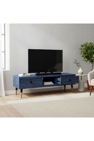 Mobenta Stria Tv, Doğal Masif Ahşap Tv Ünitesi 2 Çekmeceli 1 Raflı - 120 Cm Ig Mavi