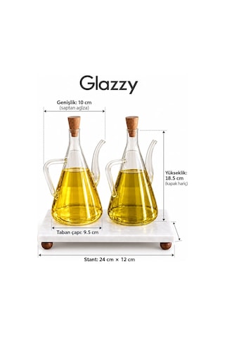 Qerhome Mermer Stantlı 2'li Glazzy Düz Tasarım Yağlık & Sosluk 500 Ml+ 500 Ml Şeffaf