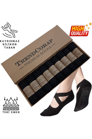 Trendcorap Premium Kadın Kaydırmaz Silikon Baskı Tabanlı Pilates Yoga Fitness Bale Dans Aktivite Çorabı 9'lu Siyah