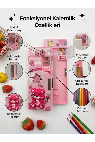 Fonksiyonlu Kalem Kutusu Ayıcık Çilek Kabartmalı Kalemtraşlı Kalemlik - Çilek Pembe