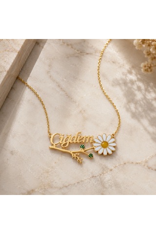 Gümüş İsimli Mineli Papatya Kolye Gold