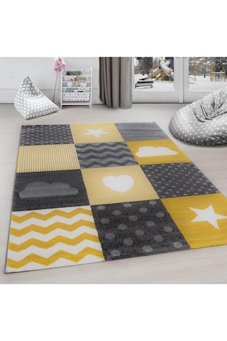 Kareli Yıldız Kalp Bulut Desenli Soft Çocuk Odası Halısı Gri Sarı Beyaz Sarı