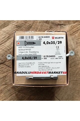 Würth Çinko Çelik Sunta Vidası 4X35 Çapı 4 MM Uzunluk 3.5 CM 500 Ad