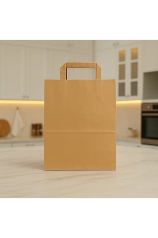 Flat Saplı Kraft Kağıt Çanta 22 10 28 Cm Doğal Kahverengi, Dayanıklı, Baskısız Çanta-10 Adet