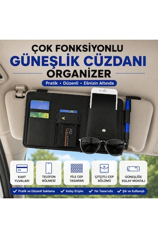 Polham Çok Fonksiyonlu Araç Güneşlik Cüzdanı Organizer Telefon, Kart, Gözlük Ve Kalem Bölmeli Organizer