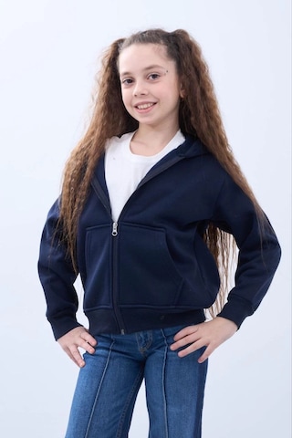 Moda Kız Çocuk Kapüşonlu Kanguru Çepli Tam Fermuarlı Hırka Sweatshirt - Lacivert Çok Renkli
