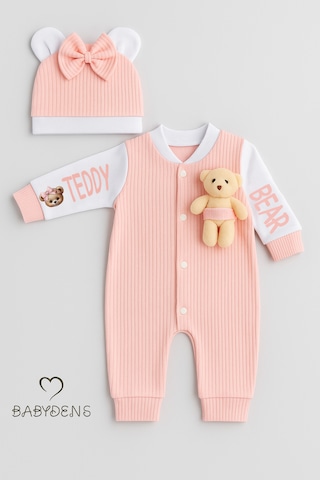 Babyden's Teddy Bear Temalı Yenidoğan Fitilli Tulum Takımı Ayıcıklı Kız Bebek Tulum Şapka Set %100 Pamuk Açık Pembe