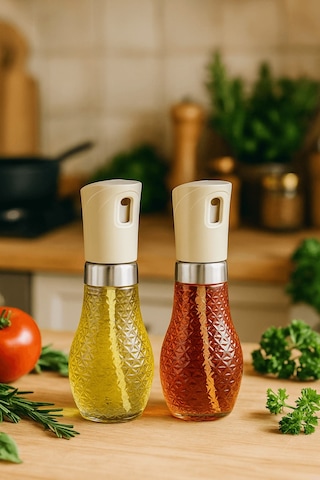 2'li Set Cam Sprey Yağdanlık - Airfryer, Izgara, Fritöz, Salata, Yemek Püskürtmeli Yağdanlık - 3066 Bej