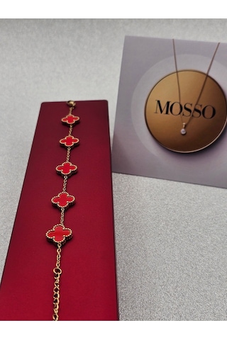 Kırmızı Çelik Bileklik Gold Renk Yoncalı Model Altın