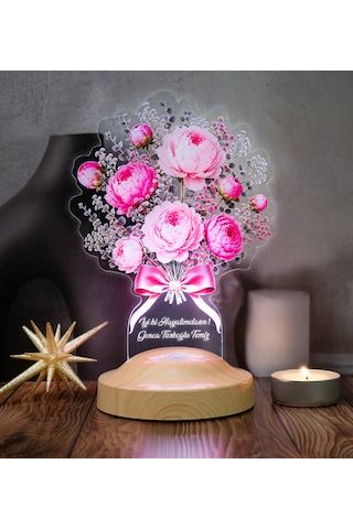 Pembe Şakayık Çiçek Buketi Led Lamba, Peony Şakayık Aranjmanı Kişiye Özel Sevgiliye Ve Kadına Zarif Hediye Pembe Şakayık Buketi