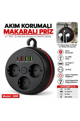 Akım Korumalı Makaralı Priz 2 Metre Kablo 3x Usb Çıkışı 1x Typ-c 3x Priz Açma Kapama Düğmesi 100-250v Ev Ofis