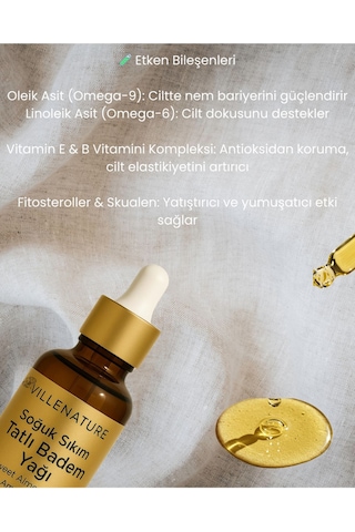 Villenature Soğuk Sıkım Tatlı Badem Yağı Sweet Almond Oil Prunus Amygdalus Dulcis 50 Ml