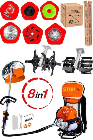 Staxx St8in1 Benzinli 20HPX Çim Çayır Ot Biçme Bahçe Bakımı Sırt Tipi Tırpan + 8'li Süper Set Çapa