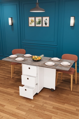 Asra Trend KM-01 %100 MDF 168x70 cm Katlanır Akıllı Mutfak Masası 3 Çekmeceli Tekerlekli Servis Masası Beyaz Retro Gri