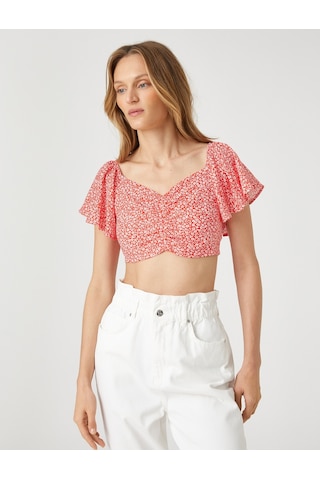 Koton Çiçekli Crop Bluz Büzgü Detaylı Kolları Volanlı Turuncu Desenli 2sak60266pw 2SAK60266PW19E
