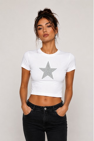 Bozzbozzcollection Beyaz Taşlı Yıldız Detaylı Basic Crop Tişört Kadın