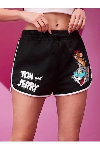 Siyah Yırtmaçlı Beyaz Biyeli Tom Ve Jerry Baskılı Bermuda Şort Siyah2-280703
