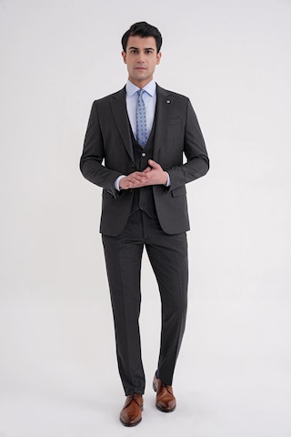 Efor Slim Fit Çift Yırtmaç Çizgili Esnek Yünlü Antrasit Yelekli Klasik Takım Elbise Tk 935 Antrasit