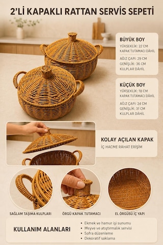 2 Li Kapaklı Rattan Servis Sepeti Seti Kulplu Tencere Ekmeklik Ve Dekoratif Sunum Sepeti Meyvelik