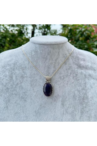 Doğal Taş Kolye - 925 Ayar Gümüş Kolye Safir