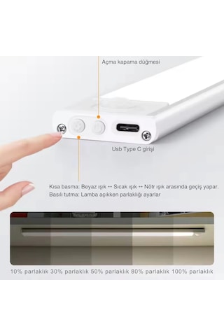 Shopytech 50 Cm Manyetik Şarjlı Led Dolap/tezgâh Altı Lamba Hareket Sensörlü 3 Renk Kısılabilir Usb Çok Renkli