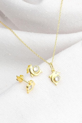 Tr 925 Ayar Gümüş Yunuslu Takı Seti, Zirkon Taşlı, Kadın, Gold Genel