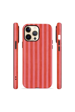 Apple iPhone Uyumlu 14 Pro Max Vorian Çift Katmanlı Magsafe Kılıf Tomato Red Stripe
