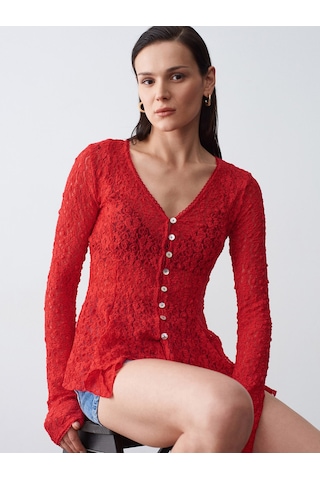 Dilvin 60433 Düğmeli Peplum Dantel Hırka-kırmızı