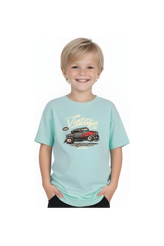 Fyk Kids Erkek Çocuk Yuvarlak Yaka İntage Car Baskılı T-shirt Mint Yeşil