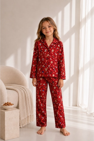 Beka Kids Yılbaşı Desenli Uzun Kollu Önden Düğmeli Gömlek Yaka Kız Çocuk Pijama Takımı Kırmızı