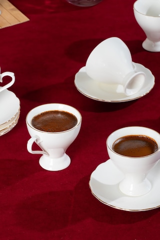 Porsima 4330 Emery 12 Parça 6 Kişilik Yaldızlı Porselen Türk Kahve Fincan Takımı Beyaz