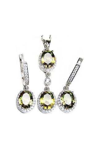 Zultanit Taşlı Gümüş Oval Mekik Damla Kadın Kolye Küpe Seti