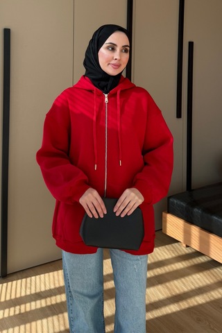 Balenbi Kadın 3 İplik İçi Polarlı Kapüşonlu Tesettür Basic Sweat Hırka 395 Kırmızı