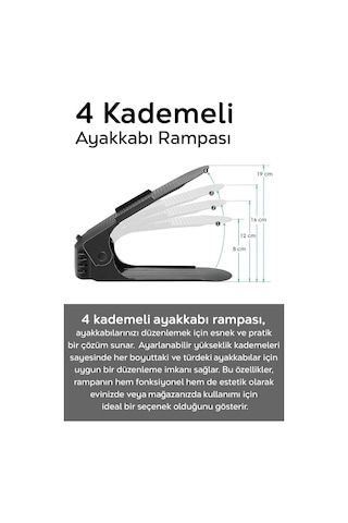 10'lu Tekli Ayarlanabilir Ayakkabı Rampası - Dolap İçi Ayakkabı Düzenleyici Organizer Siyah