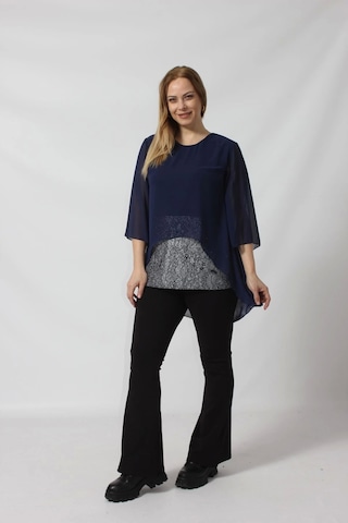 4048 Şifon -simli Dantel Kombinli Büyük Beden Bluz Lacivert Lacivert