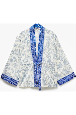 Koton Pamuklu Cepli Bağlama Detaylı 3/4 Geniş Kollu Çiçekli Kimono Mavi Desenli 5sak50030pw
