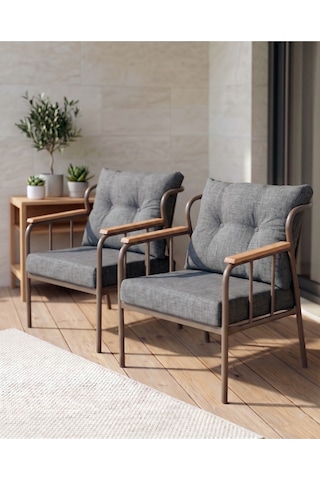 Paris Metal İskeletli Gri Keten Dokulu Balkon Bahçe Berjeri 2 Li Set Cappucino Gövde Modern Tekli Koltuk