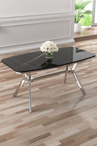 Canisa Asel Serisi 90x160 Lak Panel Siyah Mermer Desen Krom Detay Masa Takımı Ve 6 Gri Sandalye Siyah Mermer Masa Sandalye Gri Krom Detay