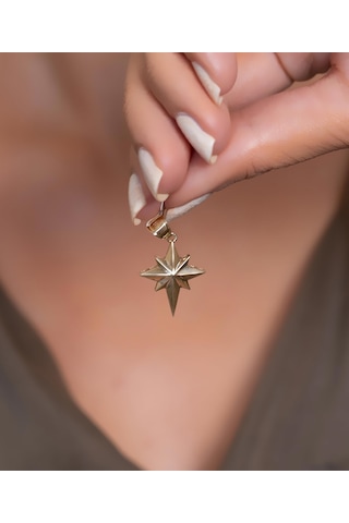 14 Ayar Altın Bombeli Kuzey Yıldızı Kolye Ucu Sarı Altın