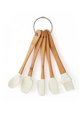Bambu Saplı Slikon Uçlu 5 Parça Mini Spatula Kaşık Fırça Seti Açık Kahverengi