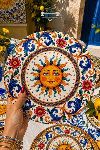 Sole Mio Güneş Desenli 4'lü Supla Set Akdeniz & Sicilya Temalı 30 Cm, 3 Mm Mdf, Uv Baskı, Masa S Çok Renkli