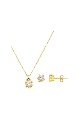 Bilezikci Tek Taşlı 14 Ayar Kolye Küpeli Altın Set