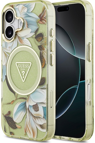 Apple Uyumlu iPhone 17 Kılıf Guess Lisanslı M-safeli Simli Çiçek Desen Metal Kamera Çerçeveli Üçgen Logolu Yeşil Yeşil