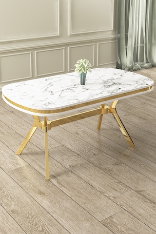 Canisa Olya Serisi 90x168 Lak Panel Beyaz Mermer Desen Masa Takımı Gold Ayaklı 6 Gri Sandalye Masa Beyaz Mermer Gri Sandalye
