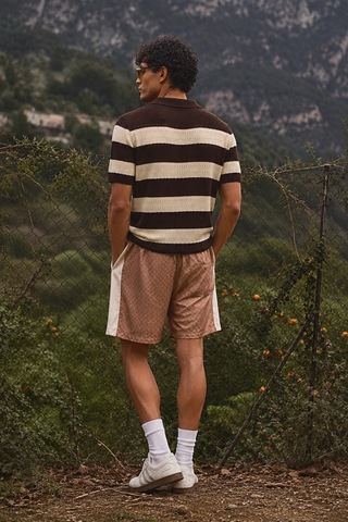 Tarz Cool Erkek Oversize Kalın Örgü Polo Yaka Triko Fileli Tişört Çizgili Vintage Yazlık Rahat Fit Kahverengi