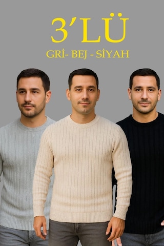 Defymoda Erkek Fitilli Triko Kazak 3lü Set Bej Gri Siyah Regular Fit Bisiklet Yaka Triko Seti Kazak Modeli Siyah - Bej - Gri