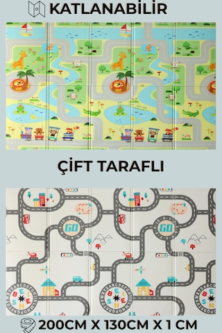 Pureza Çift Taraflı Katlanabilir Oyun Matı 200cmx130cmx1cm Kaymaz, Darbe Emici, Su Geçirmez, Bebek Ve Çocuklar İçin, Yeşil Parkur/Araba Yarışı, Taşıma Çantası Hediyeli Yerli Üretim
